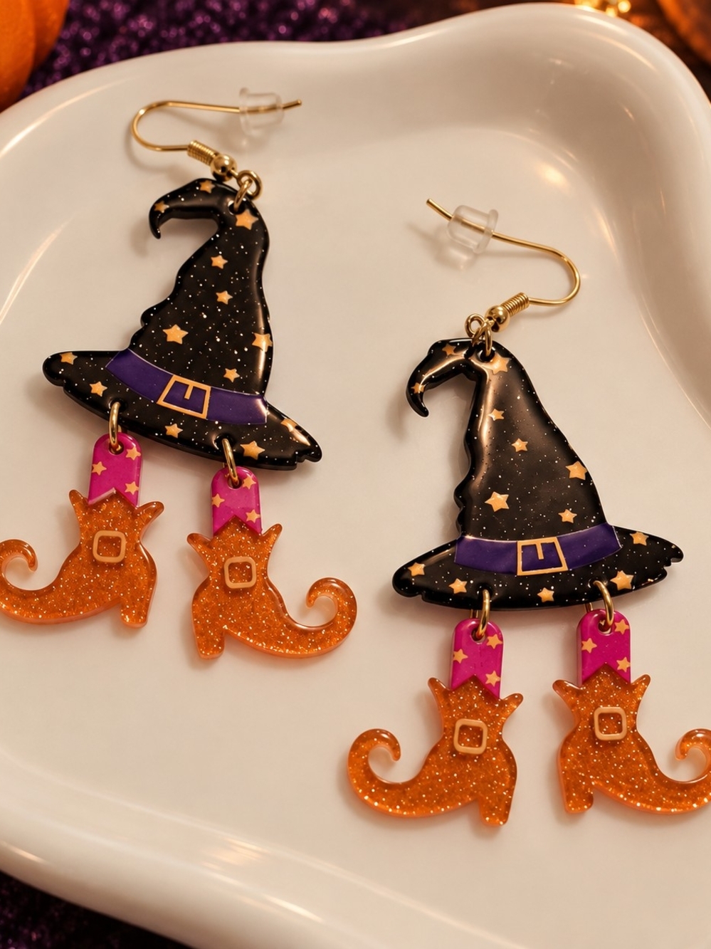 Halloween Glitter Witch Hat & Boots Dangle Drop Earrings New